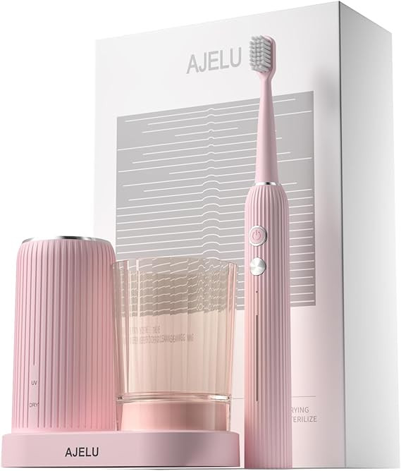 AJELU Women's Electric Toothbrush Set with UV Dryer, 8 Brush Heads, Smart Timer, USB Rechargeable – Soft Pink Version